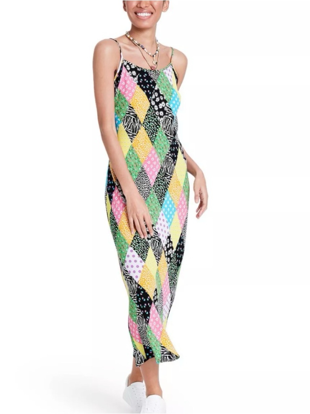 RIXO Multicolor Patchwork Spaghetti-Strap Maxi Dress